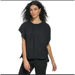 DKNY Women's Blouse, Size L, Navy -Dkny Shirred Cape-Sleeve Blouse